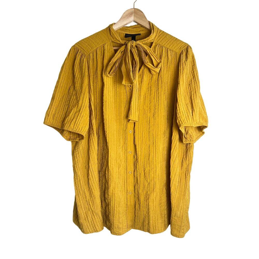 Lane Bryant Women's Mustard Yellow Tie Neck Button Down Blouse Size 24 Plus Size